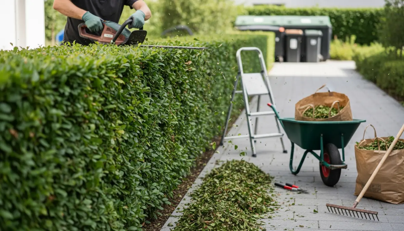 En person klipper en bøgehæk i en fælles gårdhave, mens afklip samles i en trillebør.