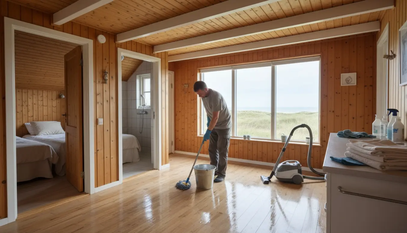 Rengøring af sommerhusets trægulv med mop og rengøringsredskaber, med kystudsigt gennem vinduet.