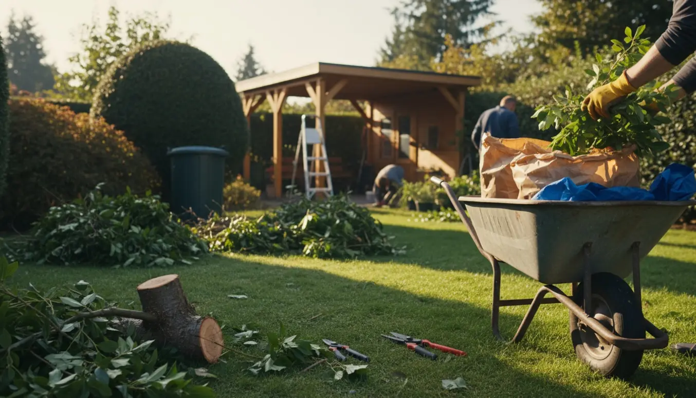 Beskæring af træer og buske i en have med haveredskaber og opsamling af grønt affald.