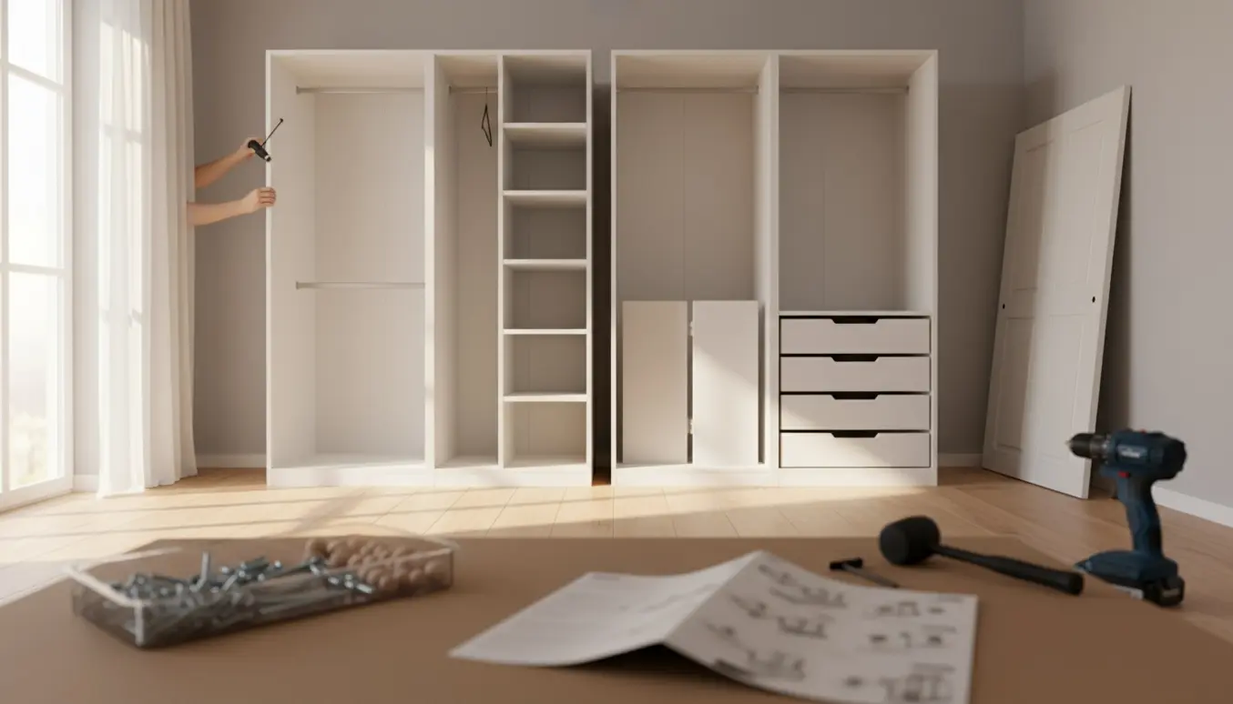 To delvist samlede Pax/Forsand-garderober i et lyst rum med værktøj og hænder synlige, uden ansigter.