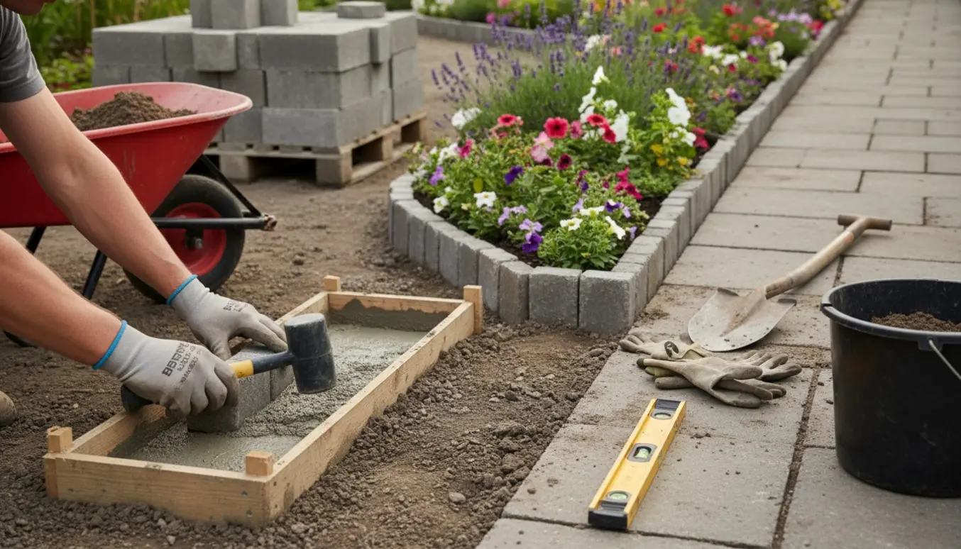 Paller med herregårdssten og hands-on arbejde, hvor sten lægges på højkant langs et bed med en våd betonsektion ved siden af.