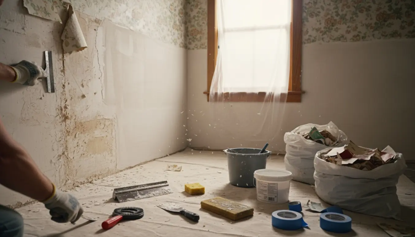Delvist fjernet tapet på to vægge med værktøj og affald klar til maling.