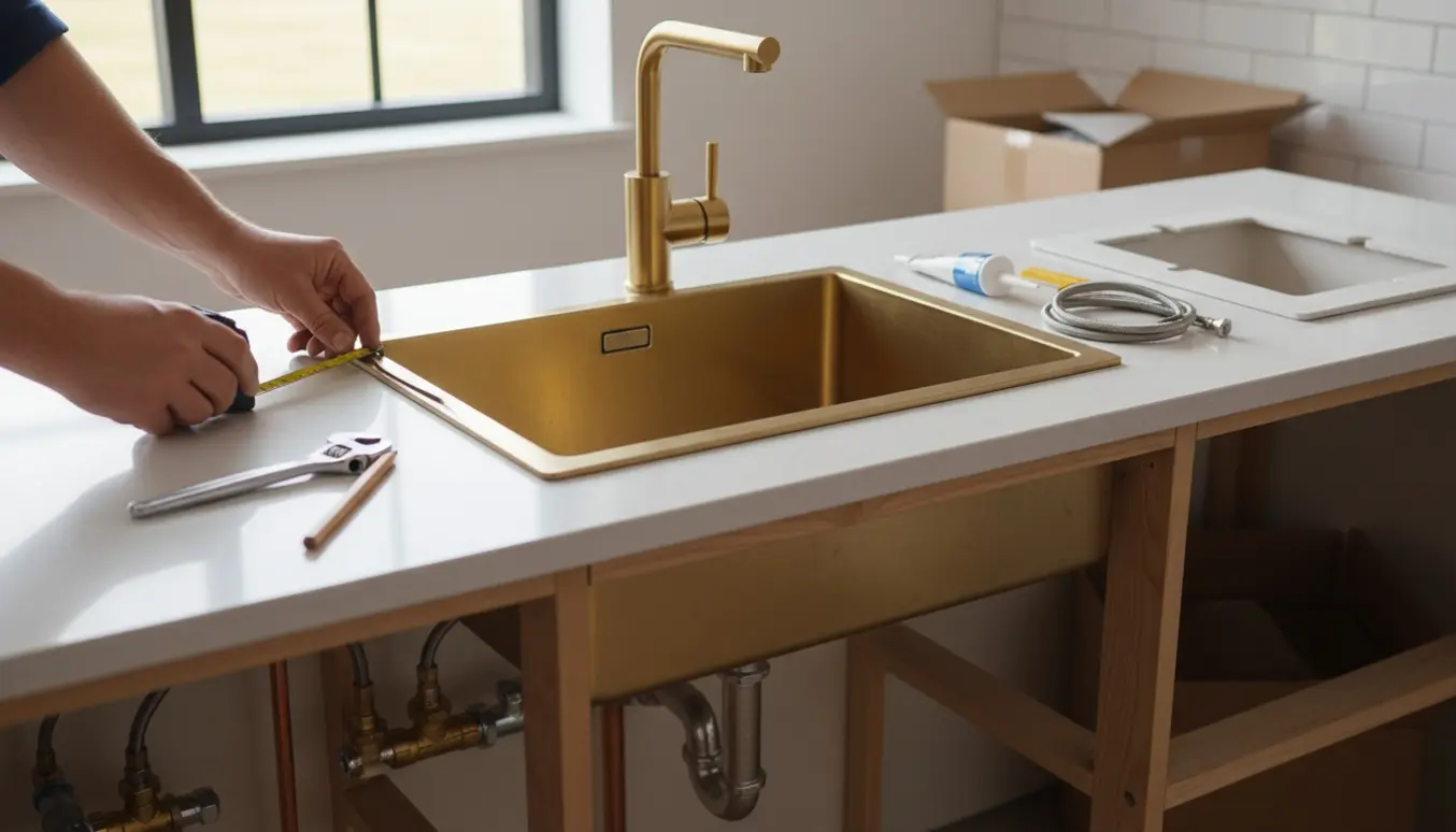 Topmonteret messingvask og messing Quooker på bordplade med en hånd, der måler og forbereder til installation.