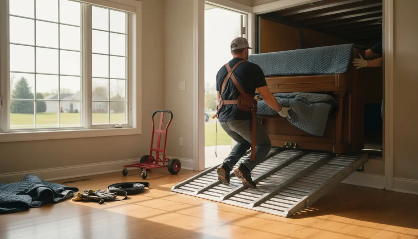 En mand løfter et klaver ind i en trailer via en rampe med bæresele og flytteudstyr.