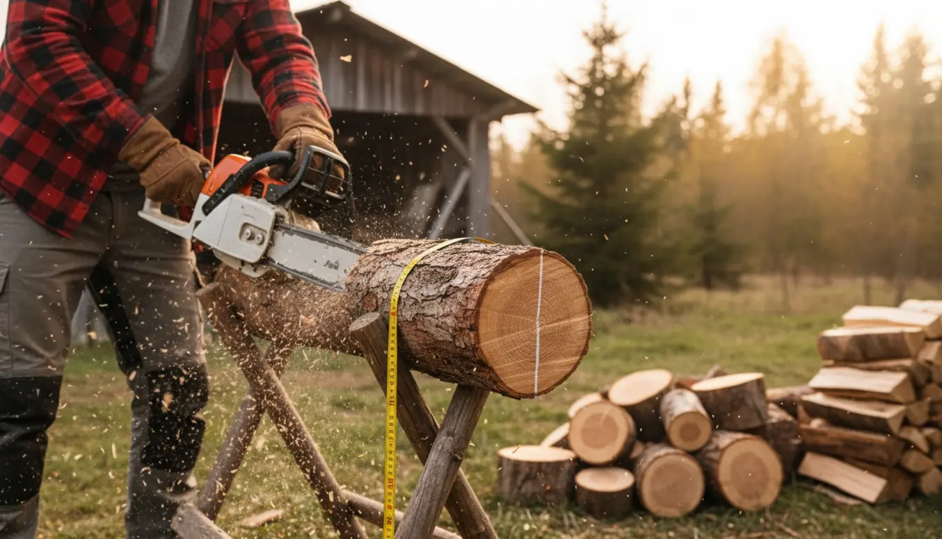 Langt træ skæres op i 30 cm brænde med motorsav, med målestreger og en stak færdigt brænde i baggrunden.