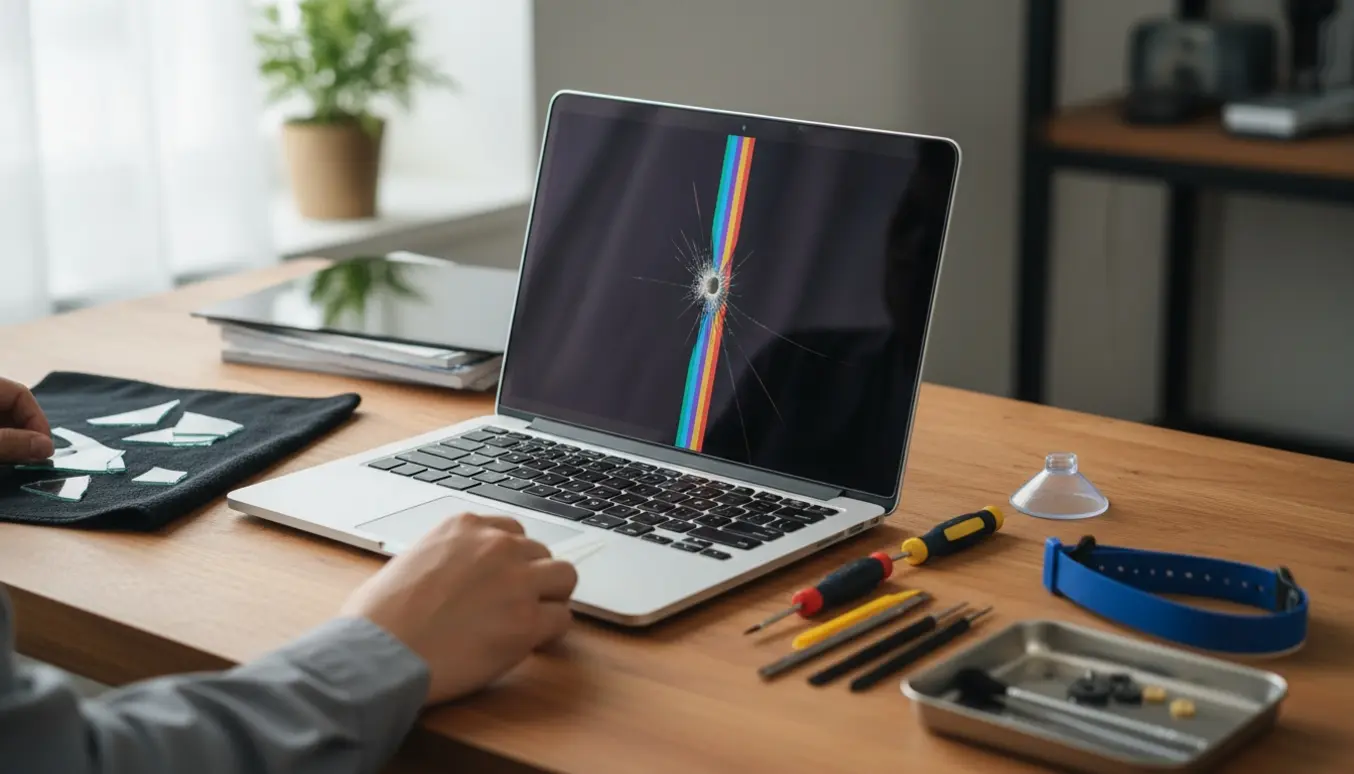 Nærbillede af en sølvbærbar med et hul i skærmen og en lodret farvestribe, omgivet af reparationsværktøj på et ryddeligt bord.