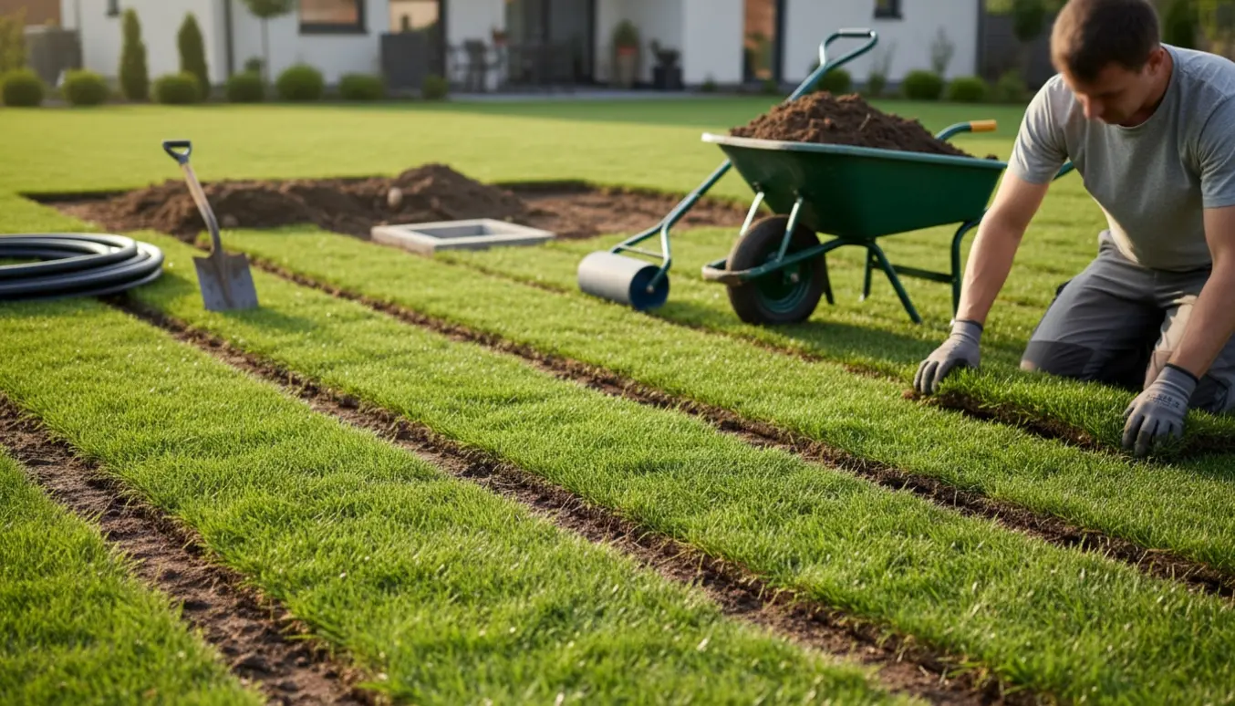Nye græsruller lægges ud og reetableres på en haveplæne efter nedgravet jordvarmeslange med værktøj og frisk muld i baggrunden.