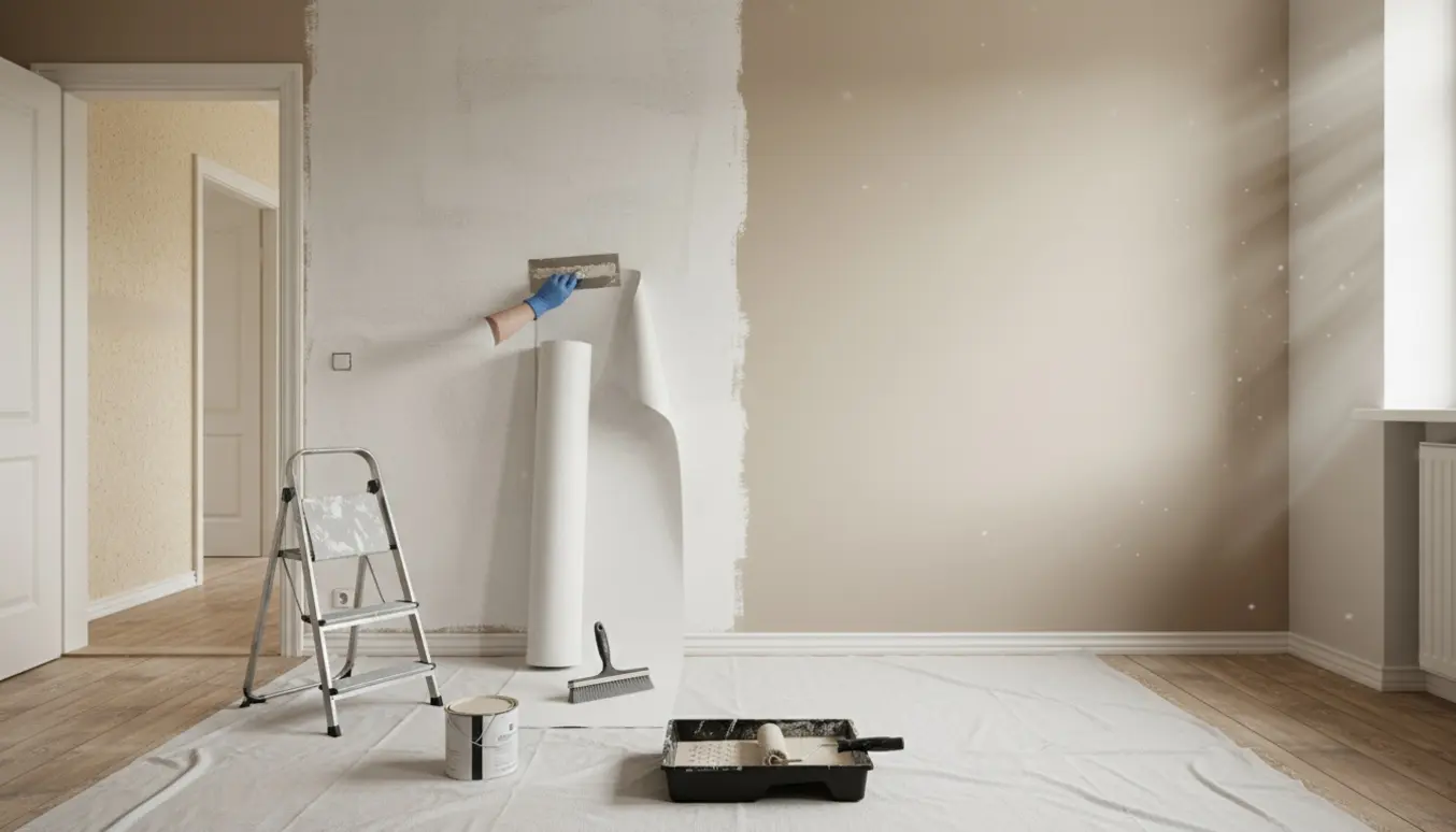 Stue under renovering med spartlet væg, opsat filt, malerudstyr og et malet stykke savsmuldstapet ved døråbningen.