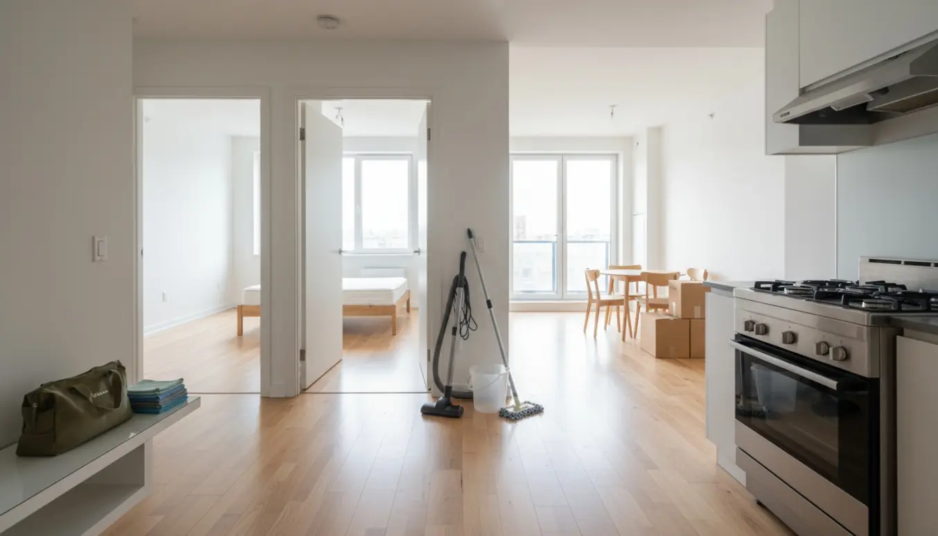 Lyse, tomme rum i en treværelses lejlighed med støvsuger, moppe og en ubrugt ovn klar til udflytningsrengøring.