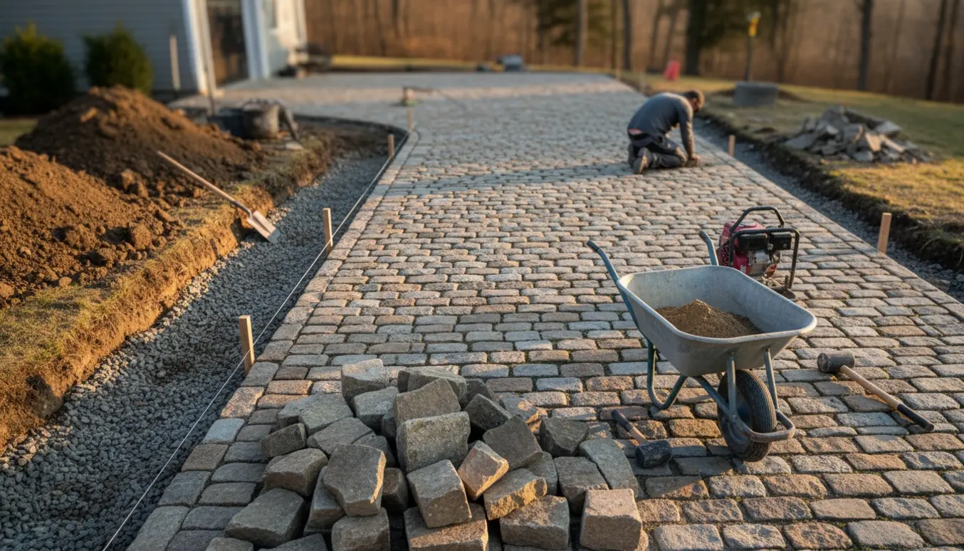Indkørsel under anlæg med gamle store brosten, udgravning, værktøj og håndværker uden synligt ansigt.