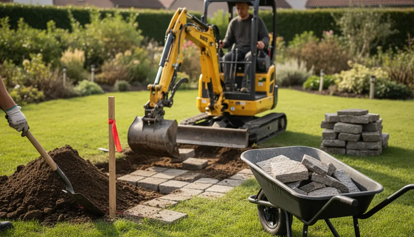 Mini-gravemaskine graver cirka 15–20 cm i en lille baghave med stak af granitsten og skovl i forgrunden.