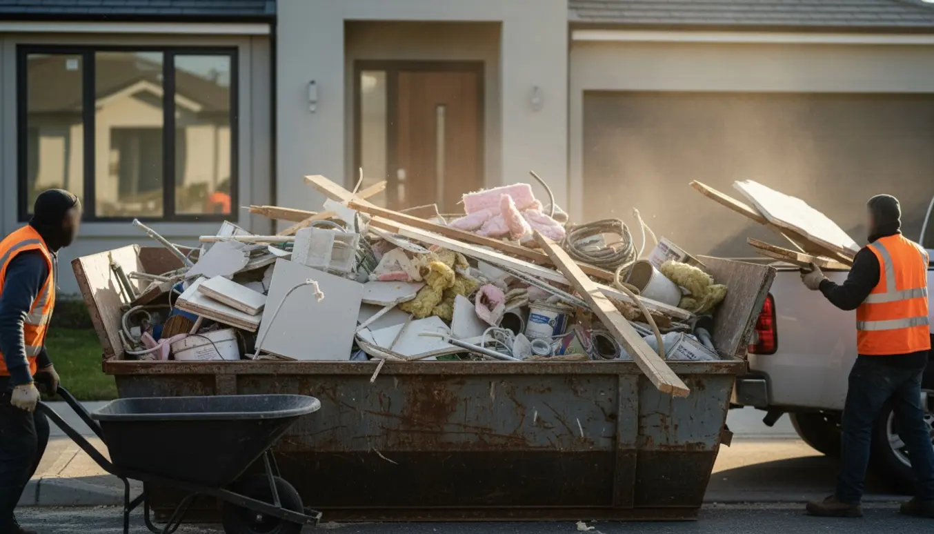 Åben container med blandet byggeaffald foran et nyrenoveret hus, håndværkere læsser materialer med ansigterne ude af fokus.