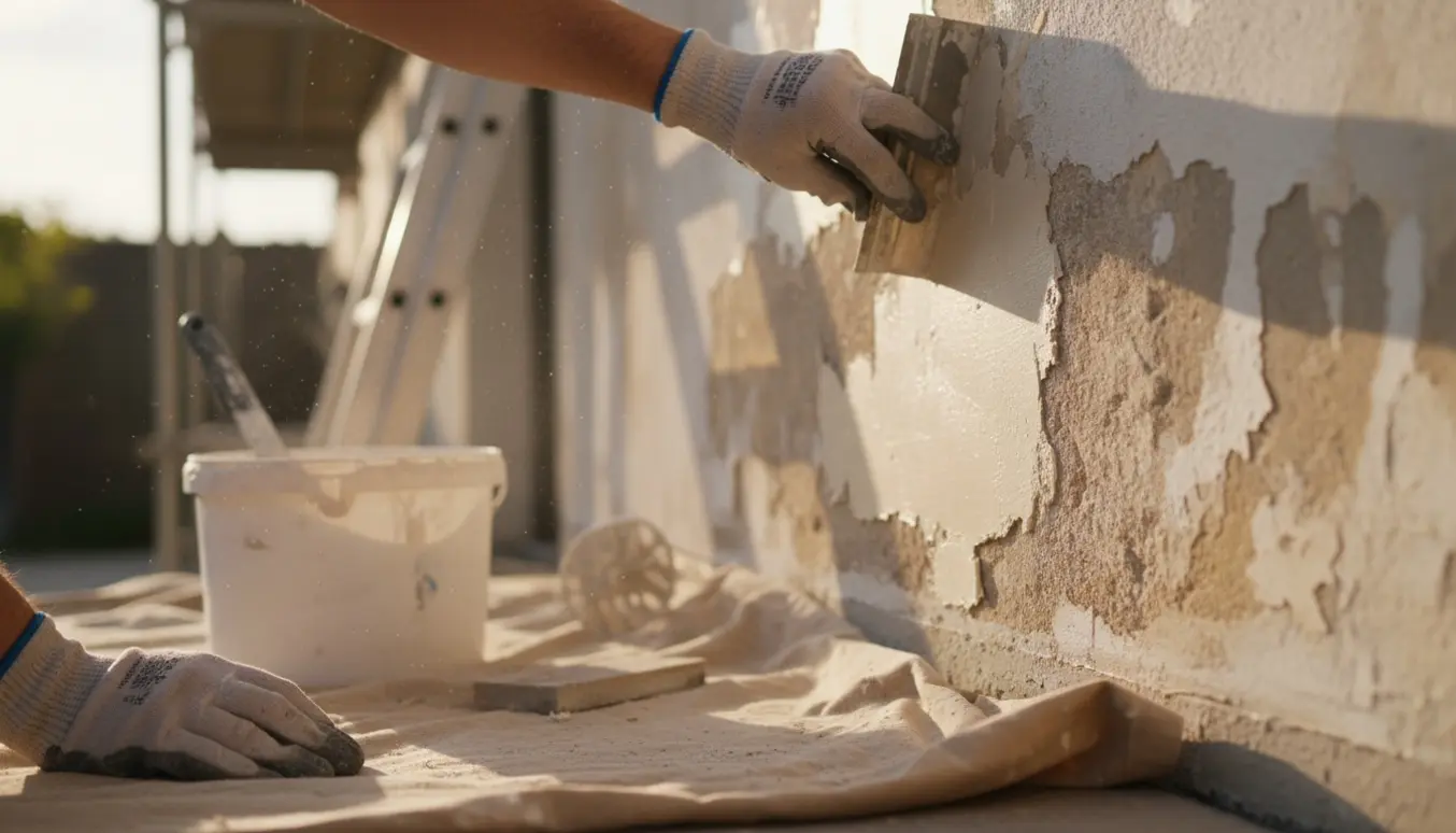 Nærbillede af en ydermur, hvor en hånd spartler afskallet puds og forbereder væggen til maling.