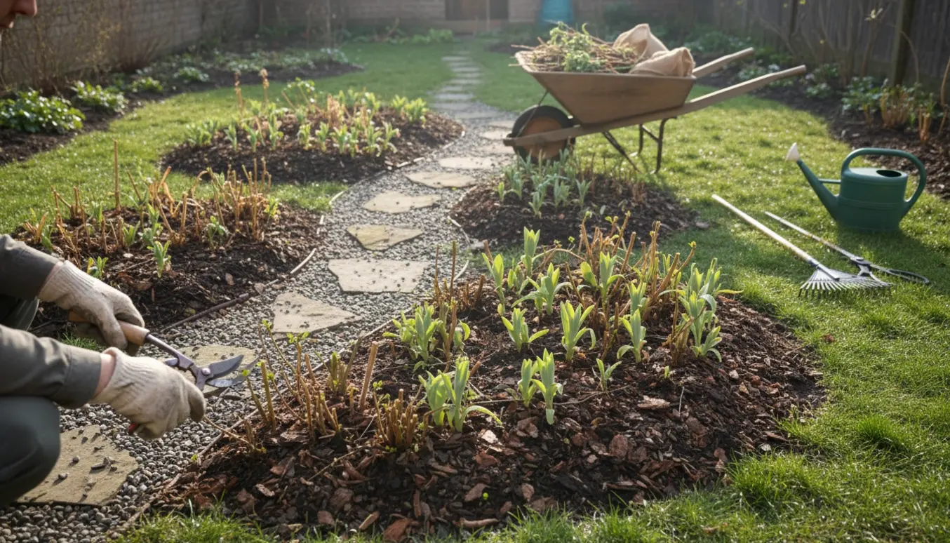 Nærbillede af forårsklargøring i en lille staudehave med beskæring, rive og trillebør.