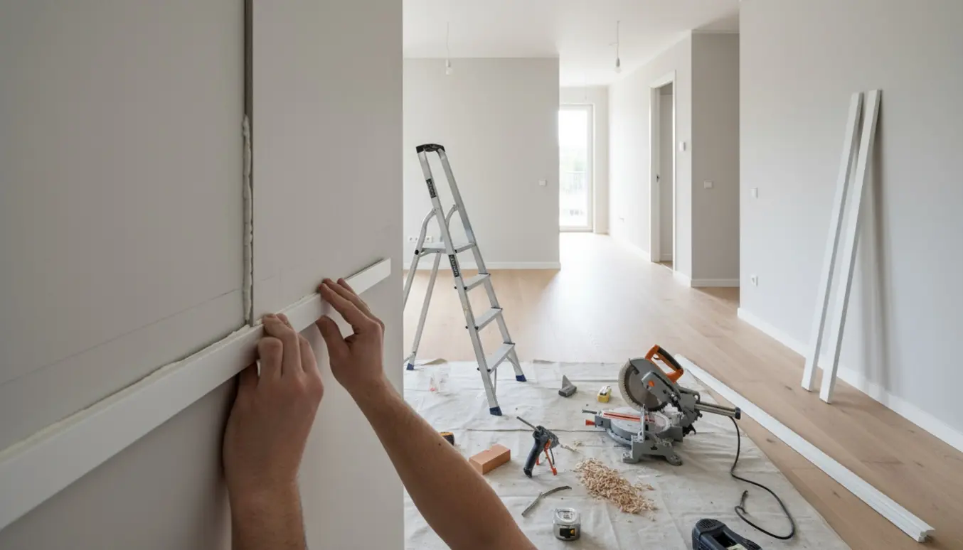 Nærbillede af montering af skyggelister i en lys lejlighed med værktøj og hænder ved et hjørne.