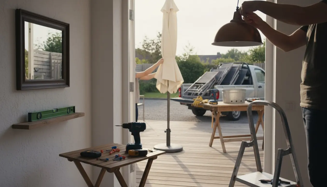 Gør-det-selv-scene med ophængning af lamper og spejl, opsætning af parasol og arbejde med metal plantekasser.