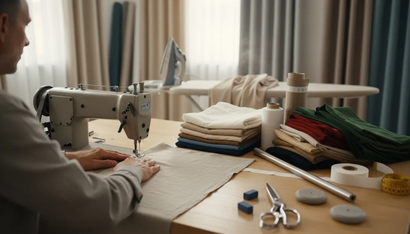 Hænder der syr gardiner ved en symaskine i et lyst værksted med stof, målebånd og saks.