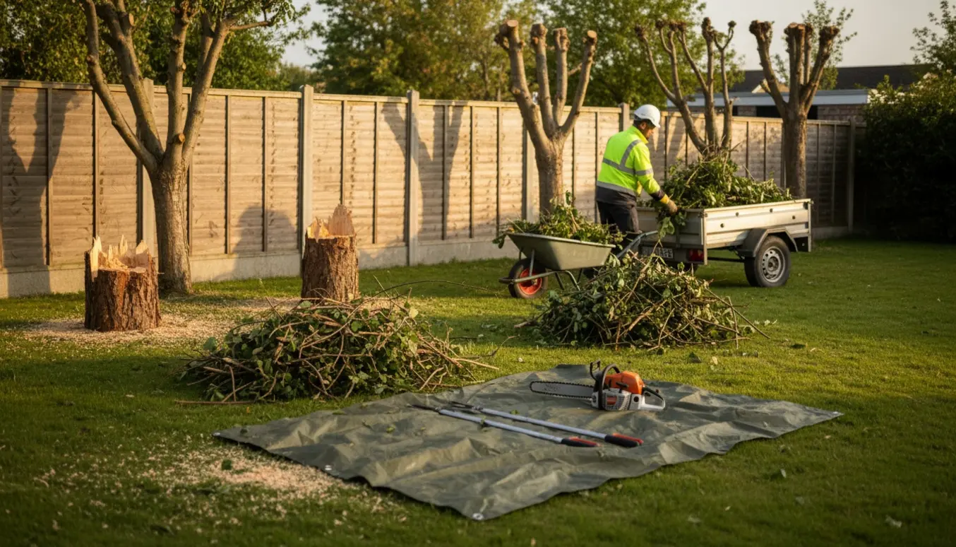 Fældede og beskårede træer ved et hegn med to bunker grene og trailer klar til bortkørsel.