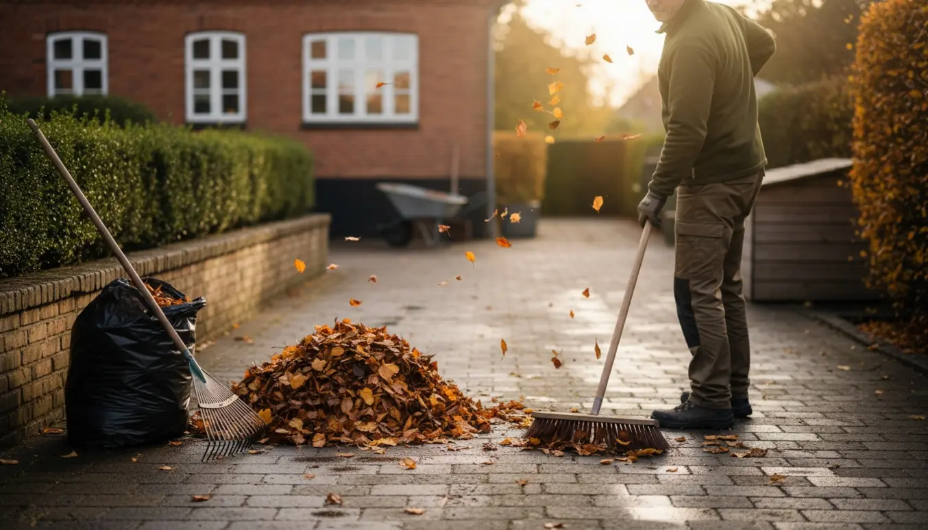 En person fejer efterårsblade i en indkørsel med kost, rive og en lille bunke blade i blødt efterårslys.