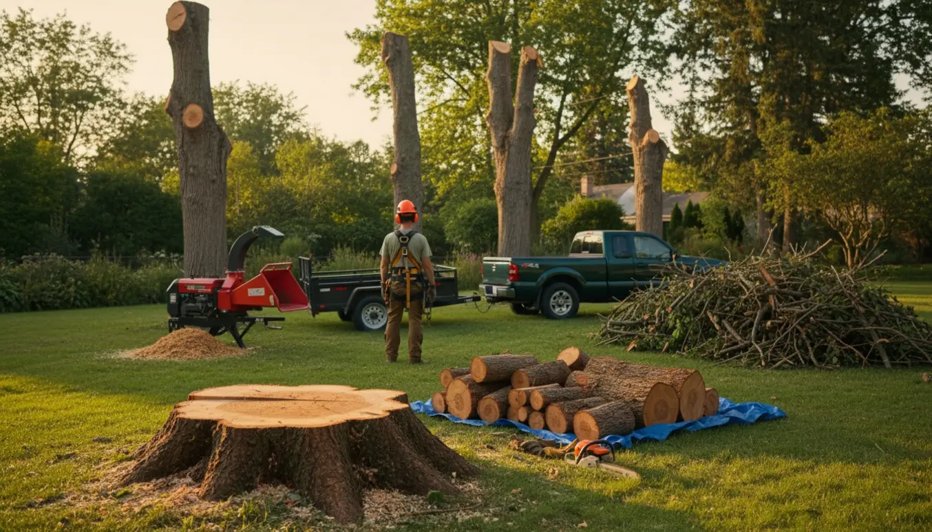 Fældede ahorntræer i en have med skåret træ, bunker af grene og et woodchipper klar til bortkørsel.