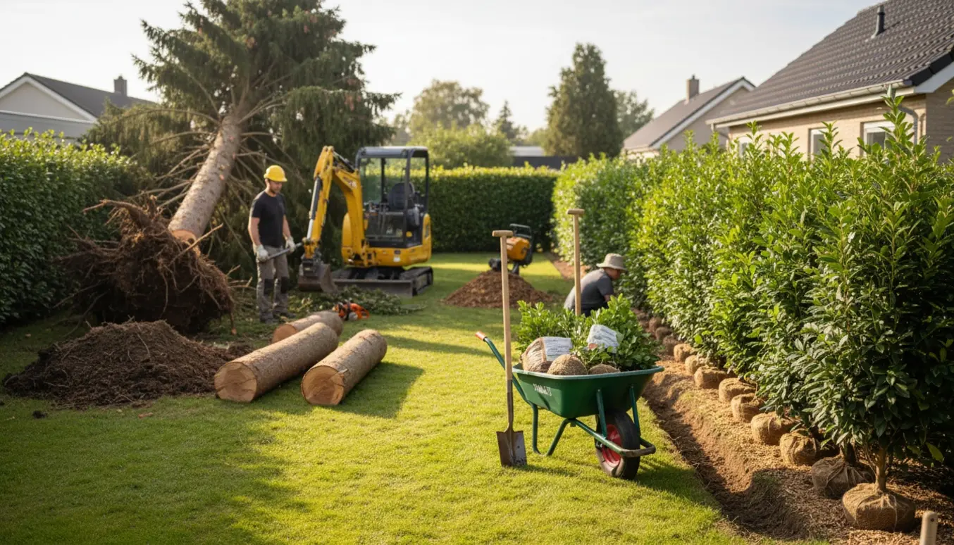 Baghave hvor et væltet nåletræ fjernes med småmaskine og træstammer, mens kirsebærlaurbær-hækplanter ligger klar til plantning.