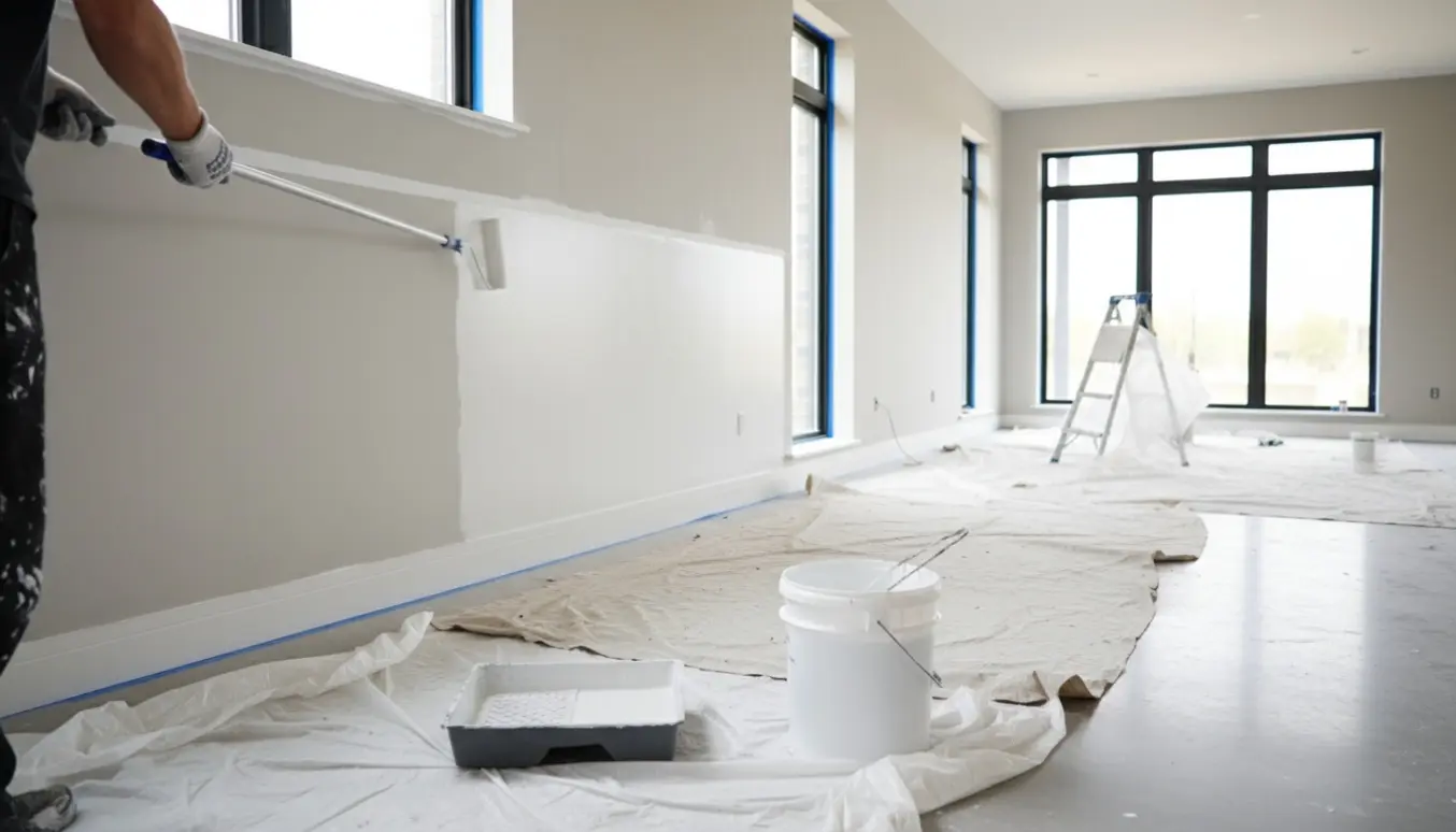 En faglært maler dækker gulvet og maler væggene i et stort, lyst rum med malertape og afdækningsmateriale.