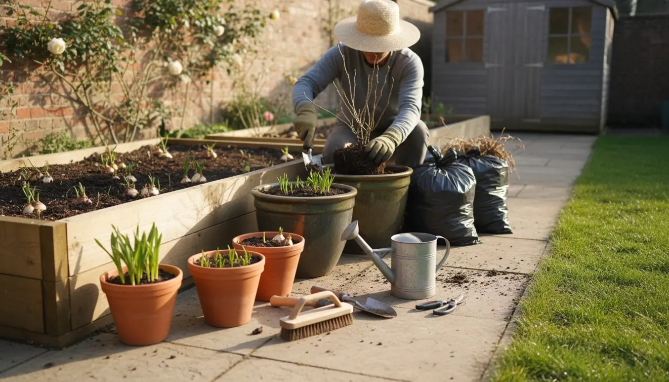 Forårsklargøring af have med store krukker, højbede, haveværktøj og affaldssække på en solrig dag.