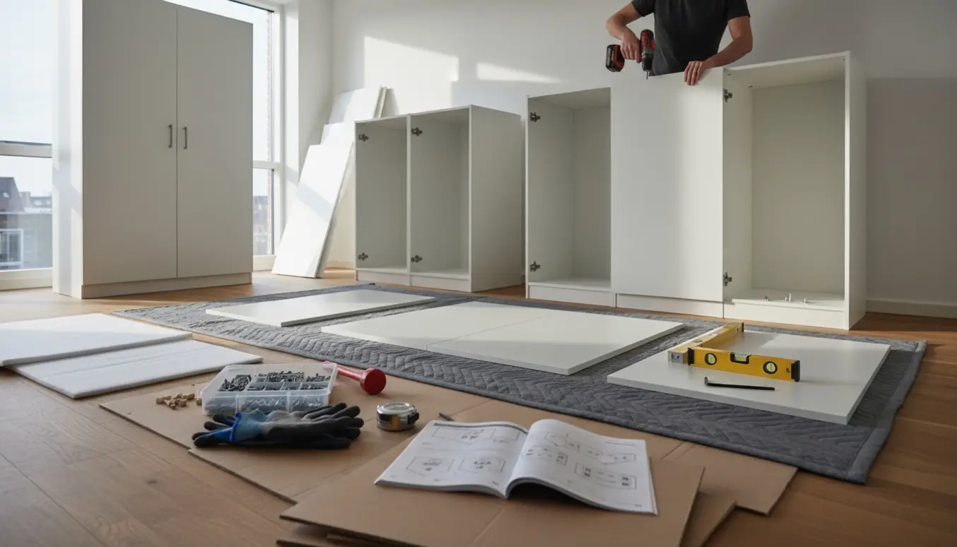 Fire fladpakkede garderobeskabe under samling i en lys stue med værktøj spredt omkring, kun hænderne synlige.