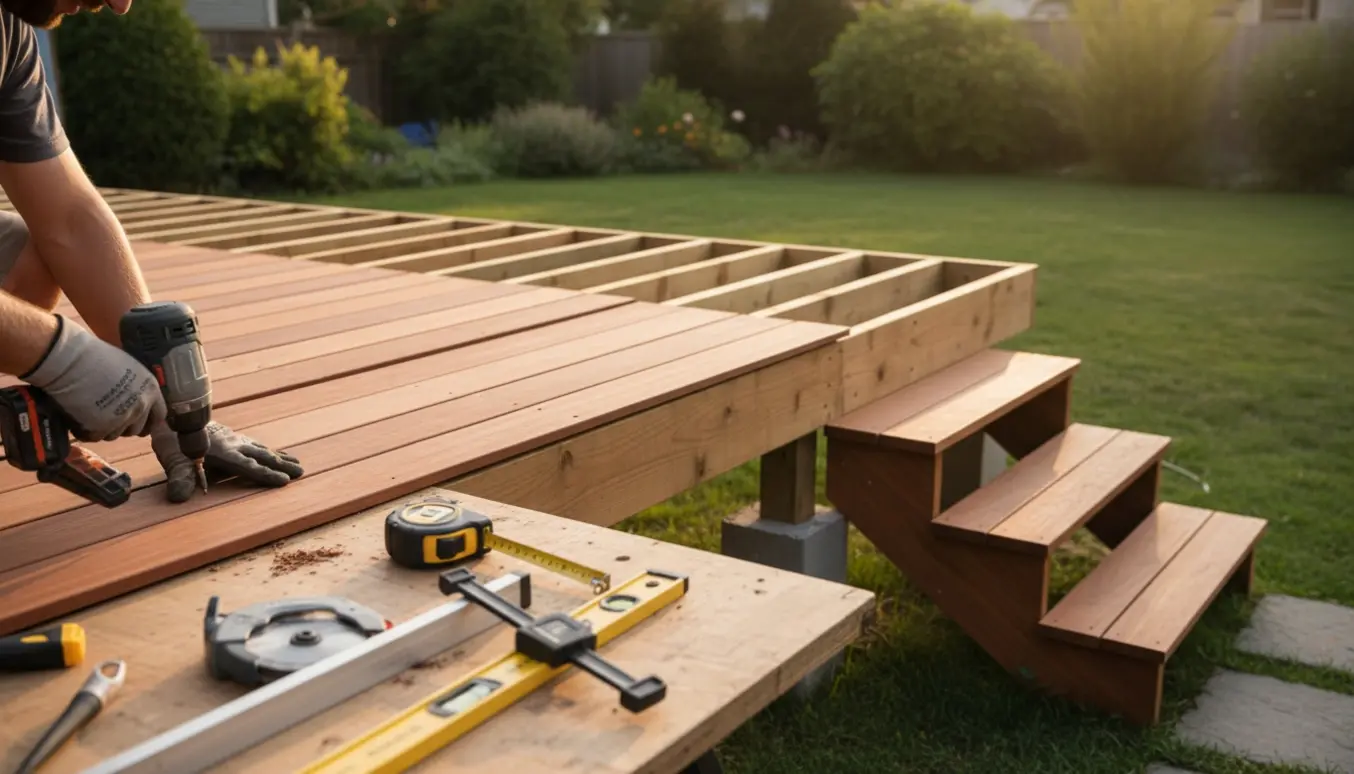 Hævet træterrasse i Jatoba under opbygning med trapper og værktøj i en have.