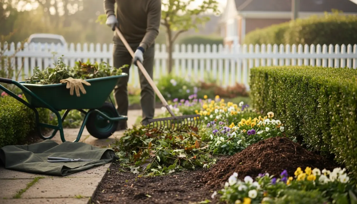 En person fra siden rydder bede med rive og trillebør ved en nypudset hækkekant i en velplejet have.