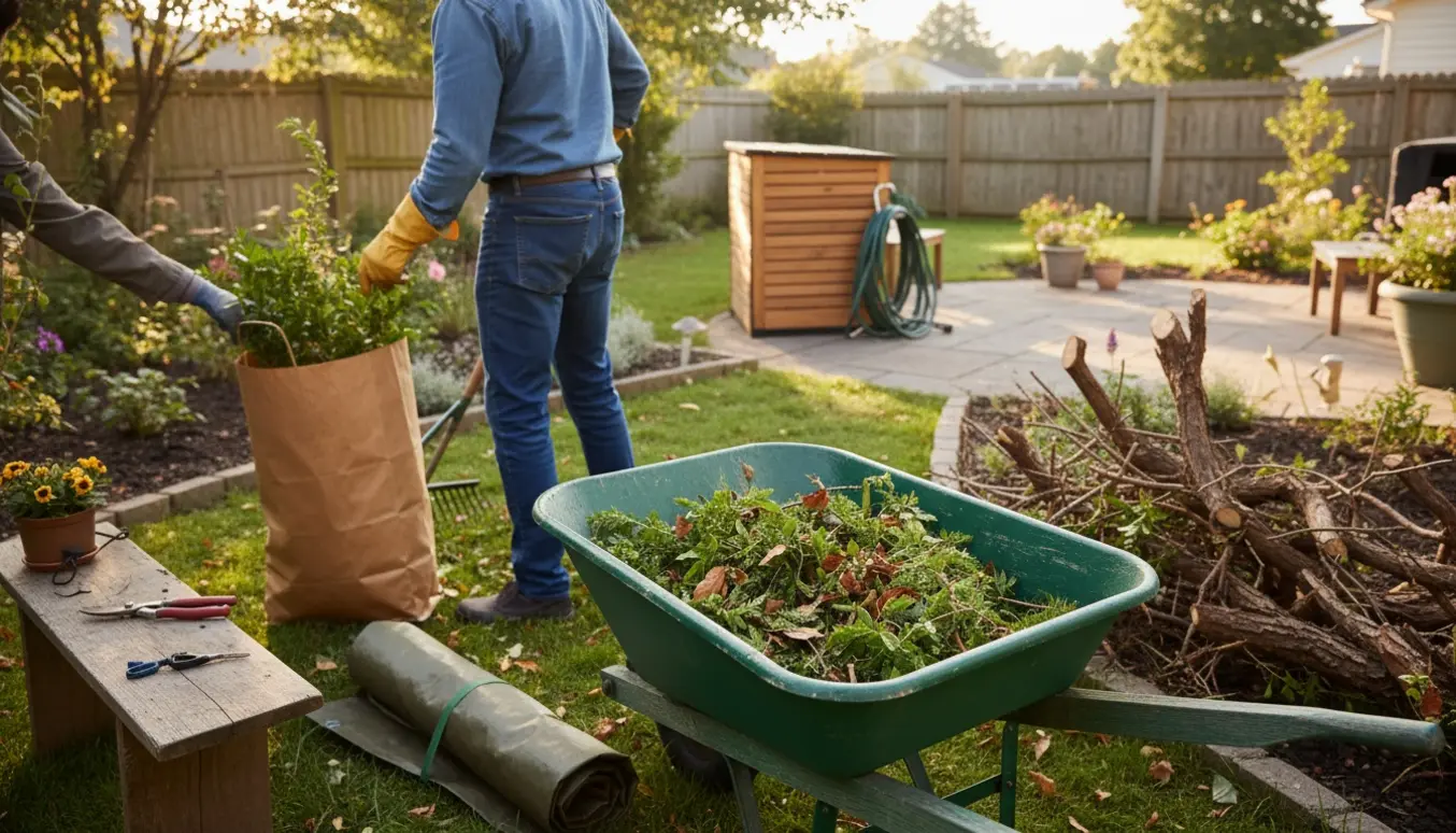 Trillebør, rive og handsker mens haveaffald samles i en solbeskinnet baghave.