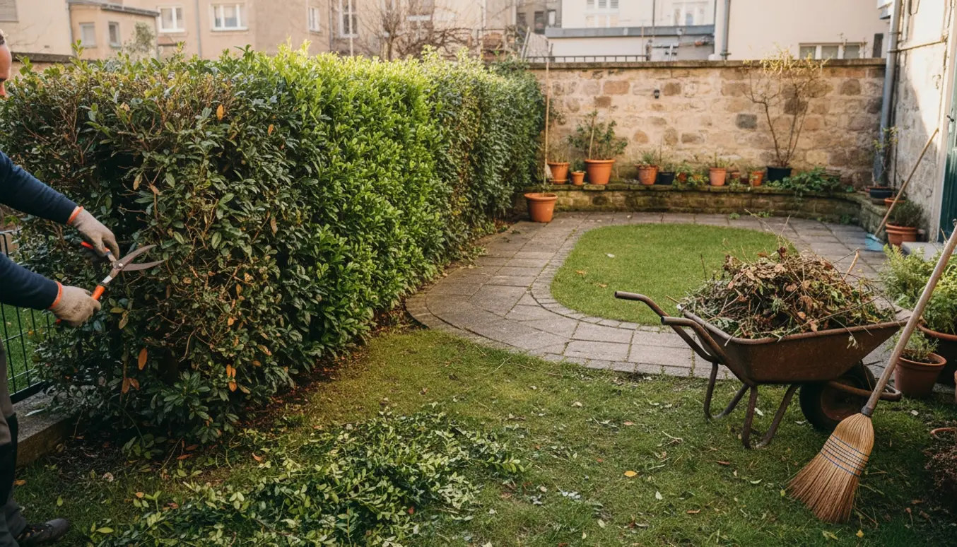 Lille forsømt have på ca. 15-20 m² med hæk halvt klippet, grønne klip og en fyldt trillebør.