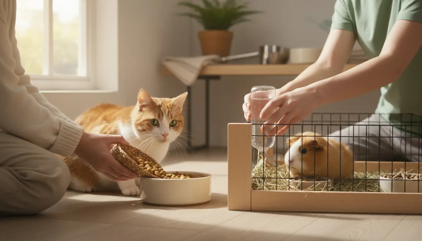 Hænder fodrer en kat og giver frisk vand og hø til et marsvin i et solfyldt hjem.