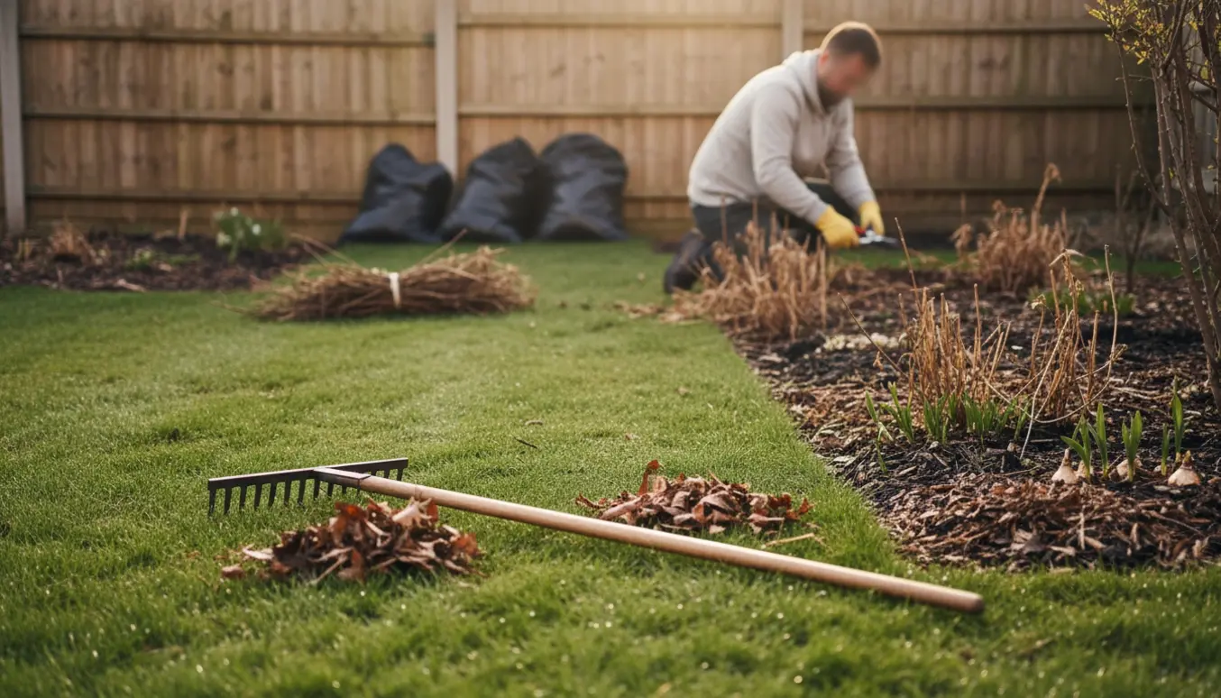 En forårsryddet have med plæne, beskårede stauder og fyldte haveaffaldssække.