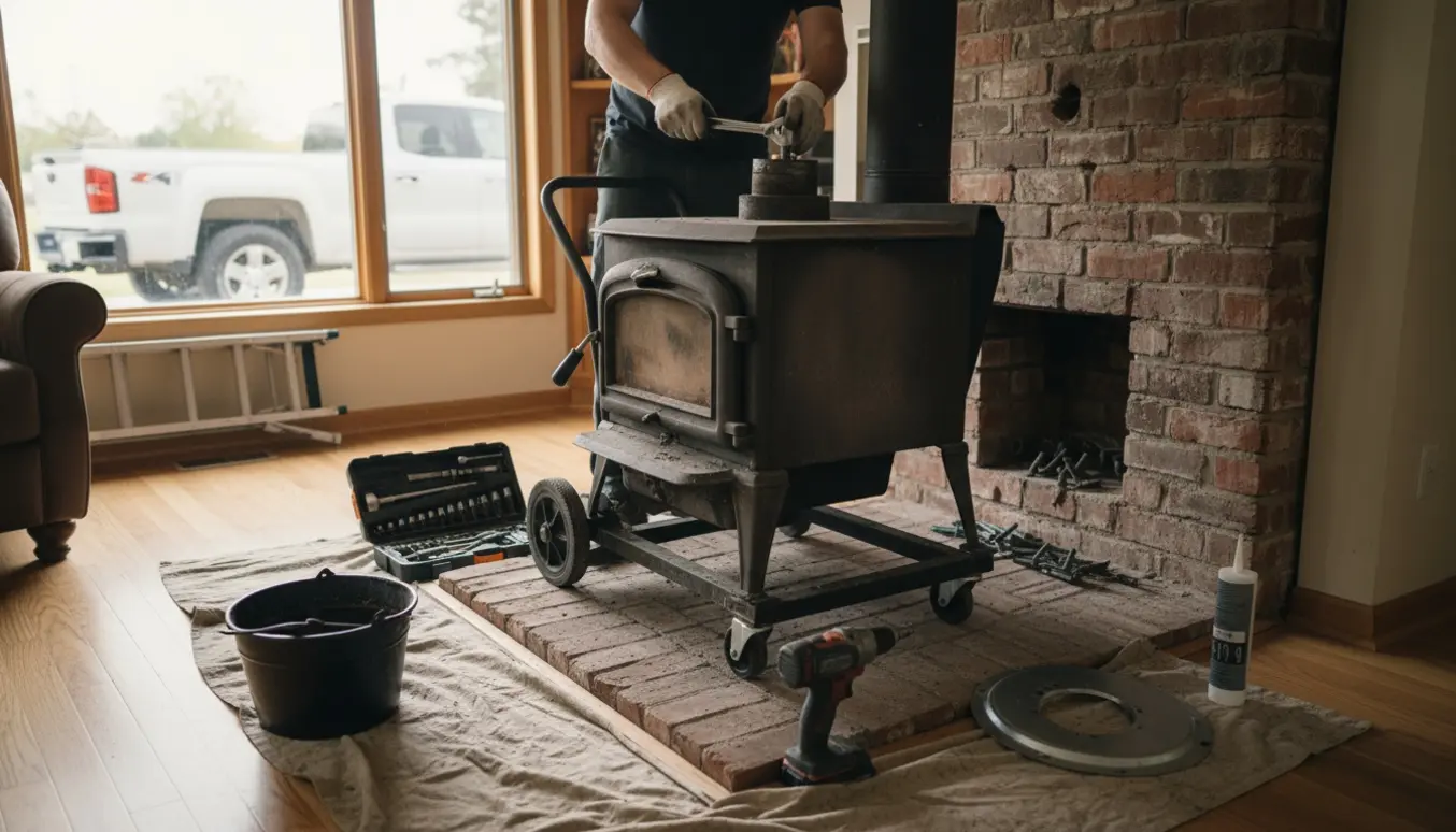 Brændeovn afmonteres i en stue, handskerede hænder løsner røgrøret ved skorstenen med værktøj og afdækning.