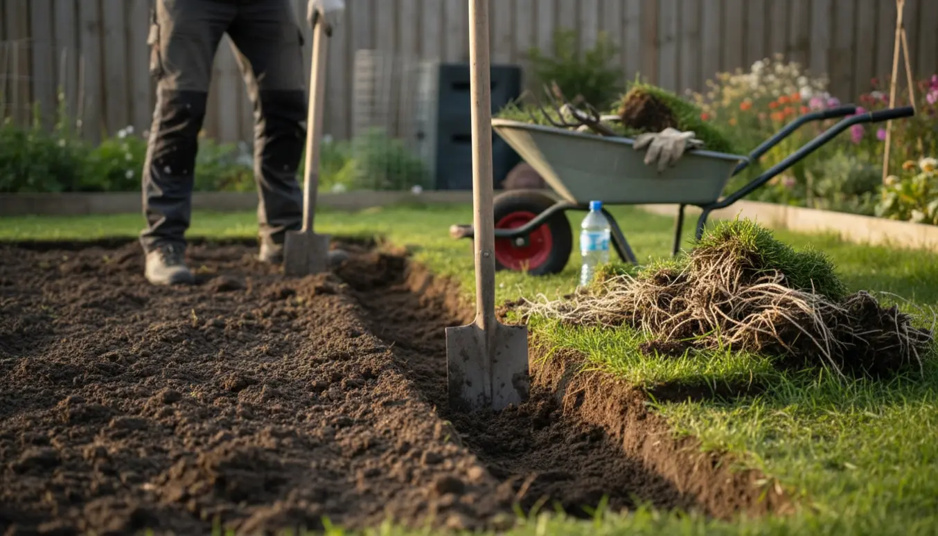 En håndgraveret køkkenhave med spader, vendt muld og en bunke afskåret topjord klar til oprensning.