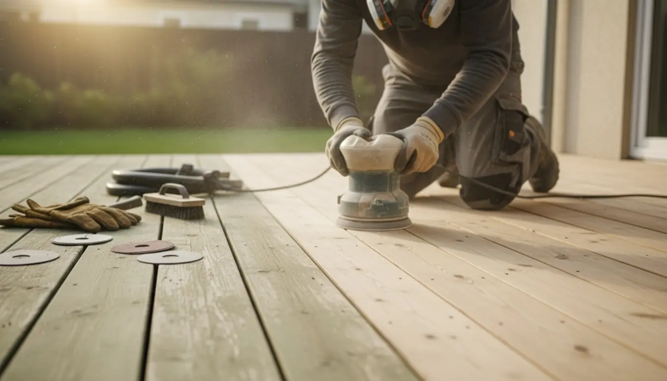 Nærbillede af en træterrasse, hvor en elektrisk sliber afslører lyst, nyslebet træ mod vejrliget trykimpræneret træ.