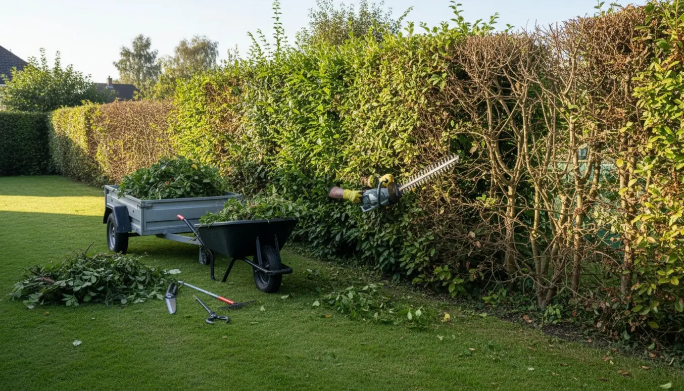 Lang blandet hæk ved skel bliver dybt beskåret og toprettet, med klippeaffald i trillebør og trailer.
