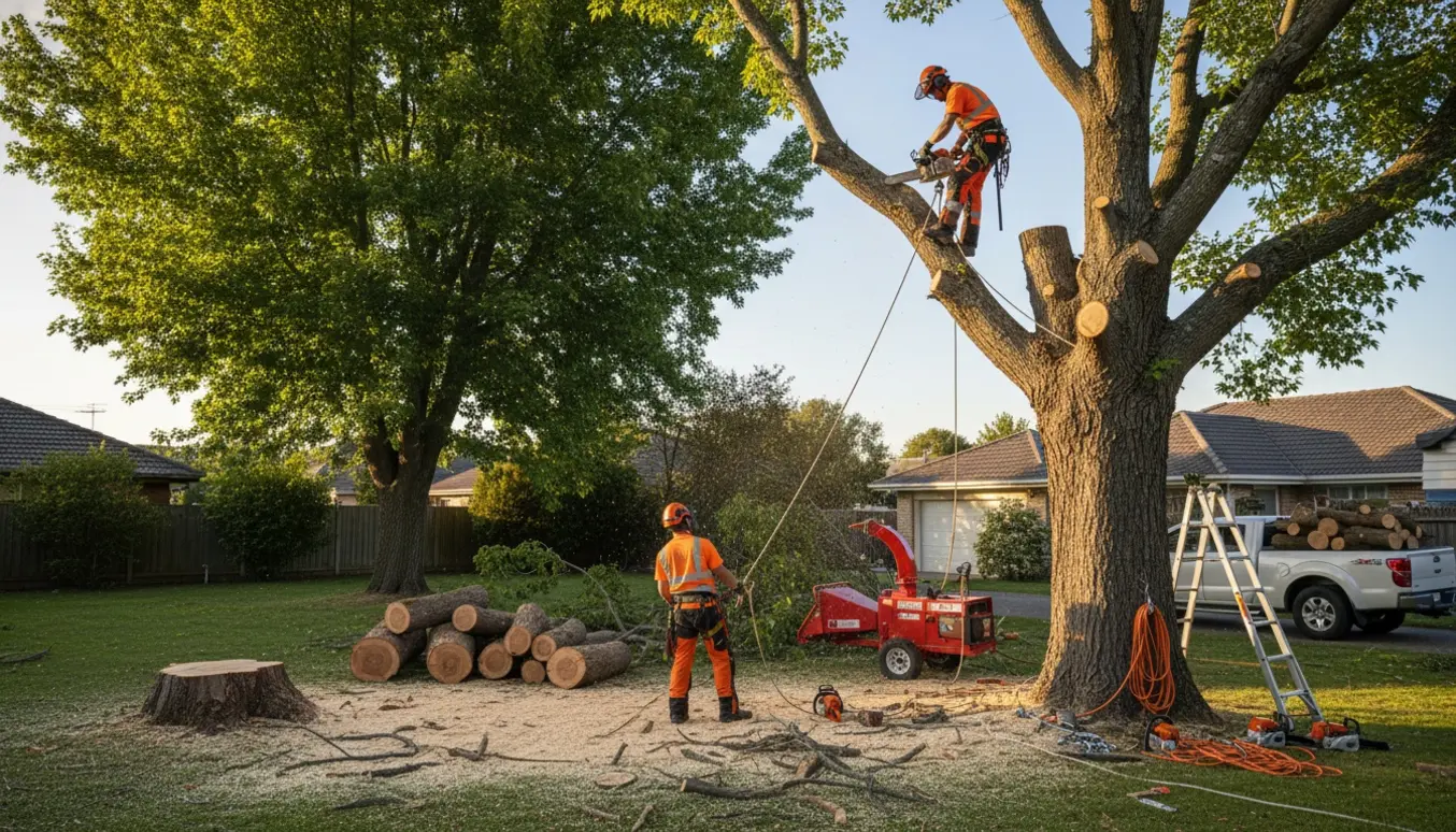 To arborister fælder et stort poppeltræ i en villahave, med stammer og brænde stablet ved siden af.