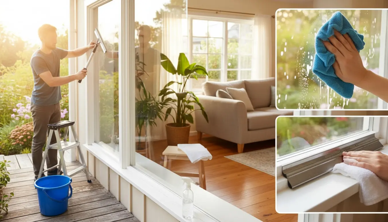 Vinduespudsning indefra og udefra i en hyggelig stue med naturligt morgenlys.