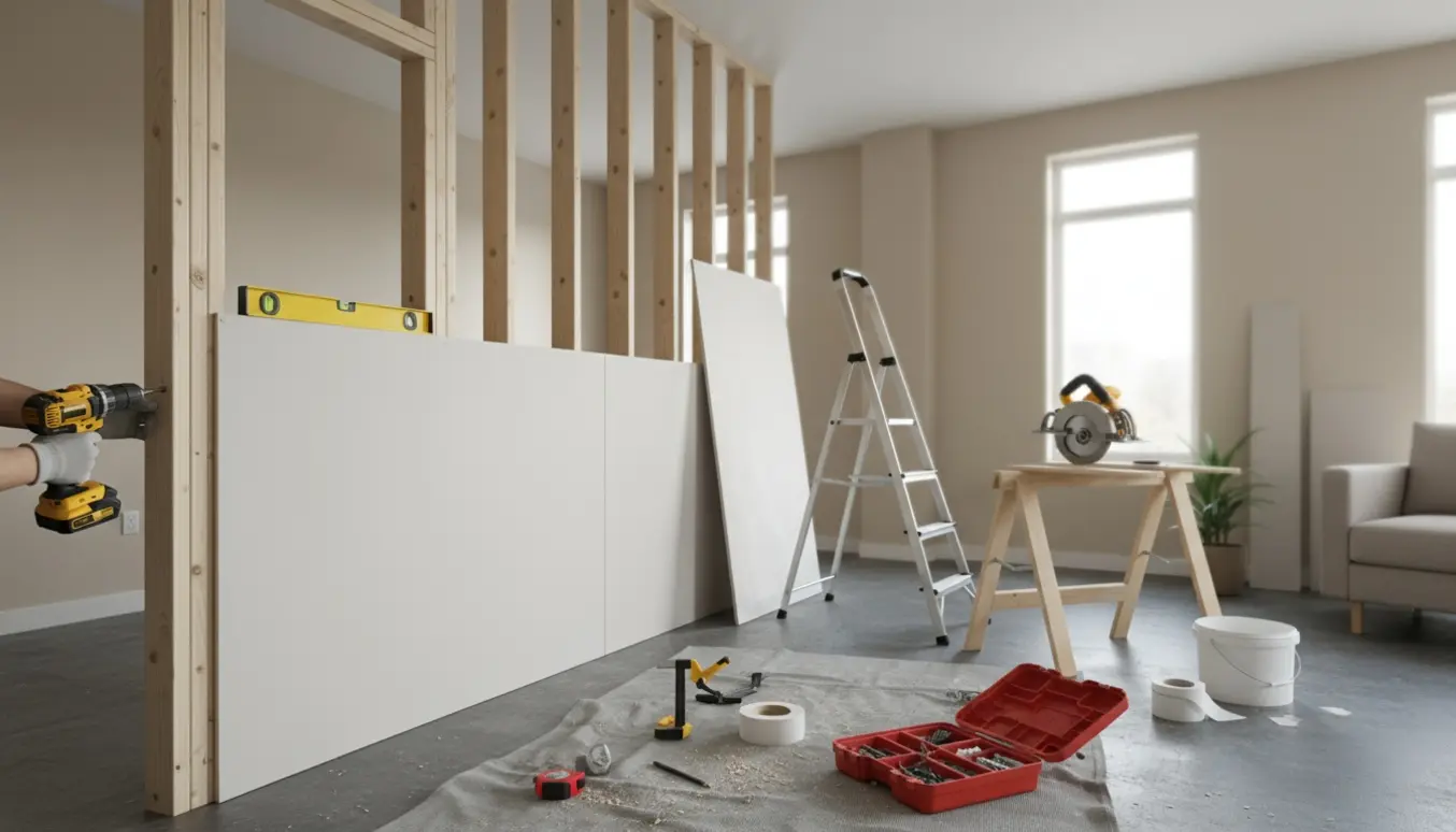 Delvist opført midlertidig skillevæg i lejlighed med træstel og gipsplader, håndværker arbejder med skruemaskine.