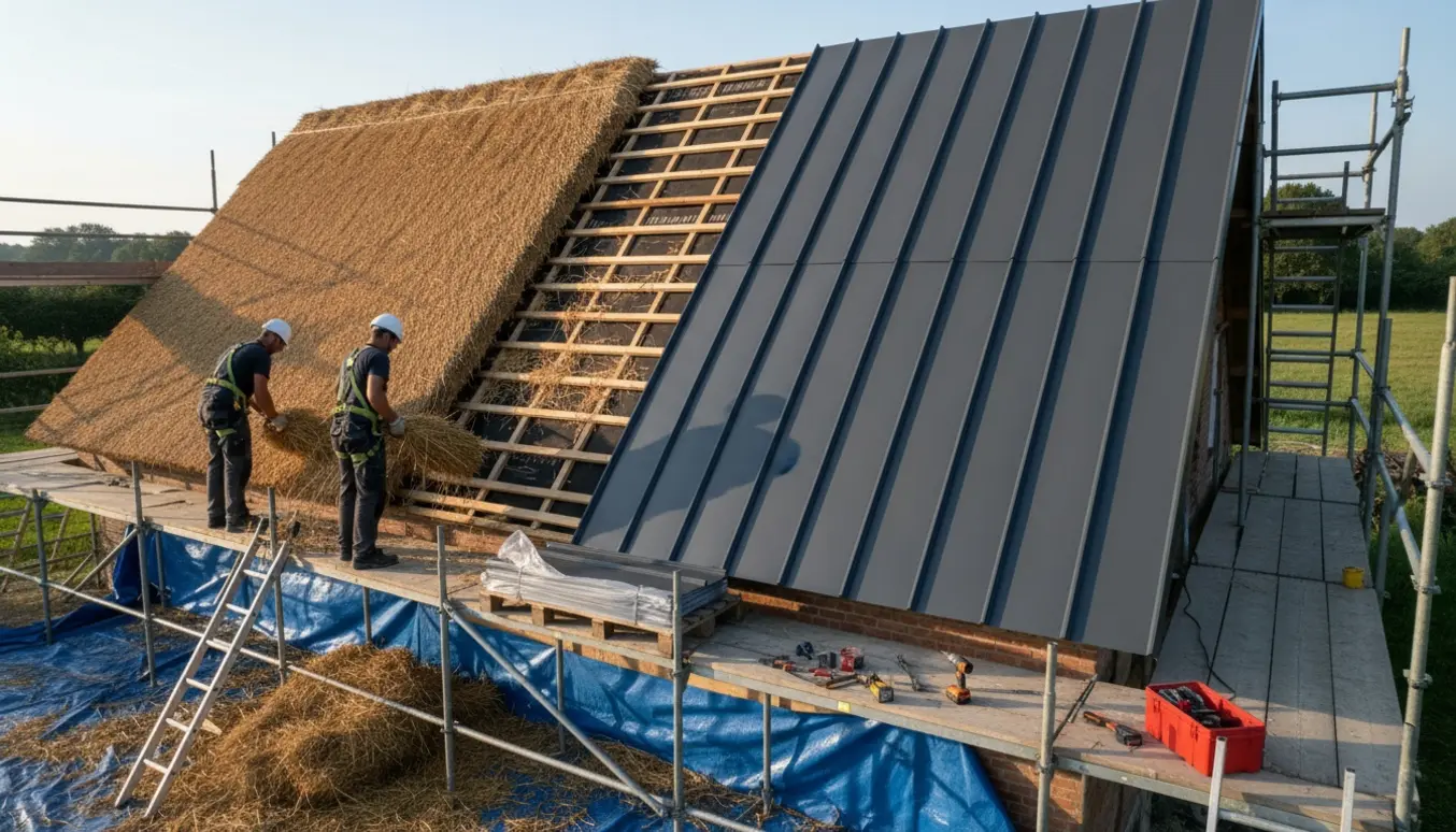 Halvt afmonteret stråtag på en gård, mens nyt ståltag monteres i naturligt dagslys.