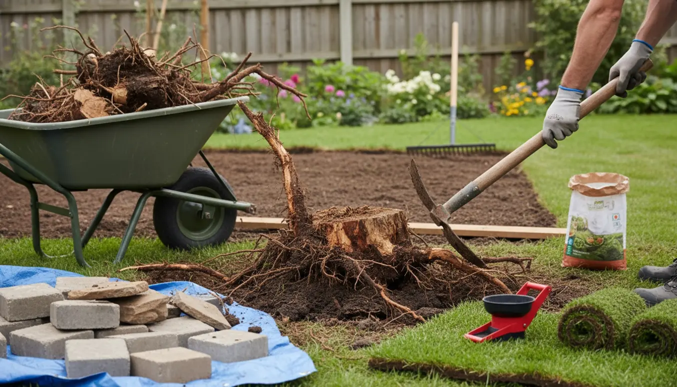 Opgravning af træstub i baghaven med skovl, trillebør, bunker af sten og jævnet jord klar til nyt græs.