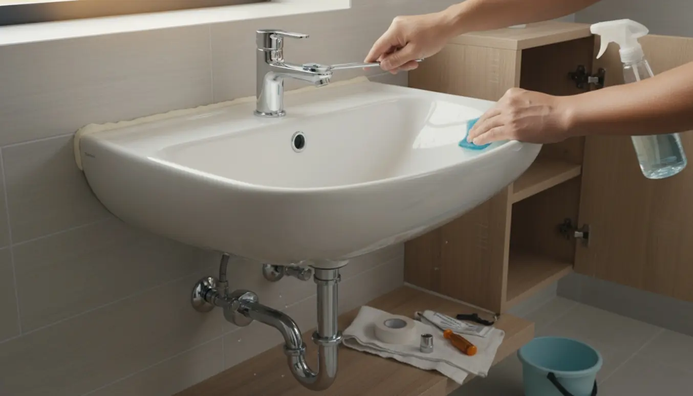 Håndværker renser og genopsætter en porcelænshåndvask med værktøj, uden synlige ansigter.