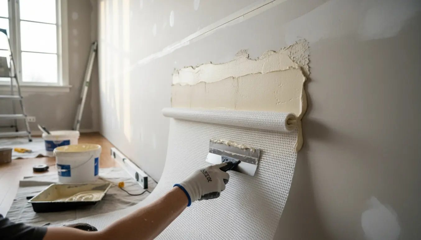 Spartling og opsætning af væv på en gipsvæg med værktøj og materialer i et lyst rum.