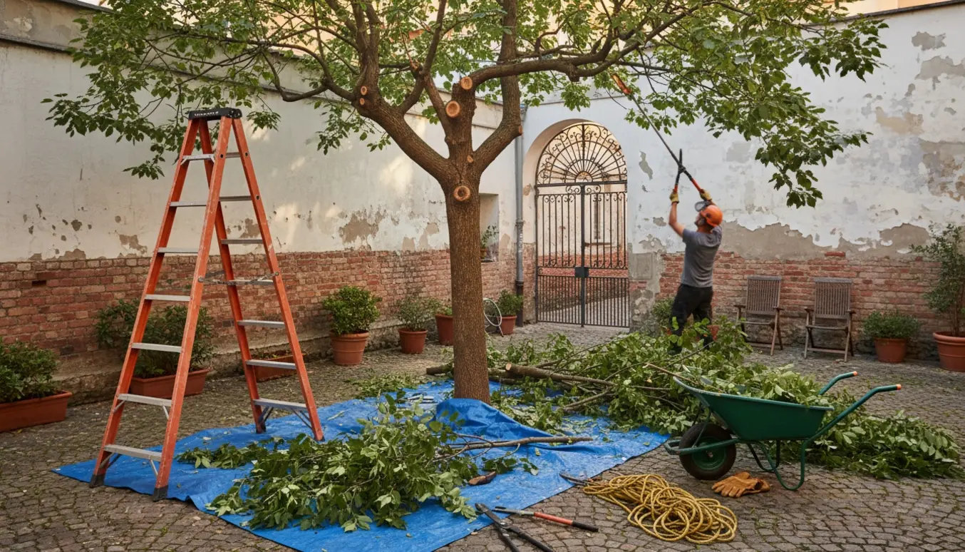 Beskæring af et elmetræ i en smal gårdhave med beskårne grene og beskæringsredskaber.