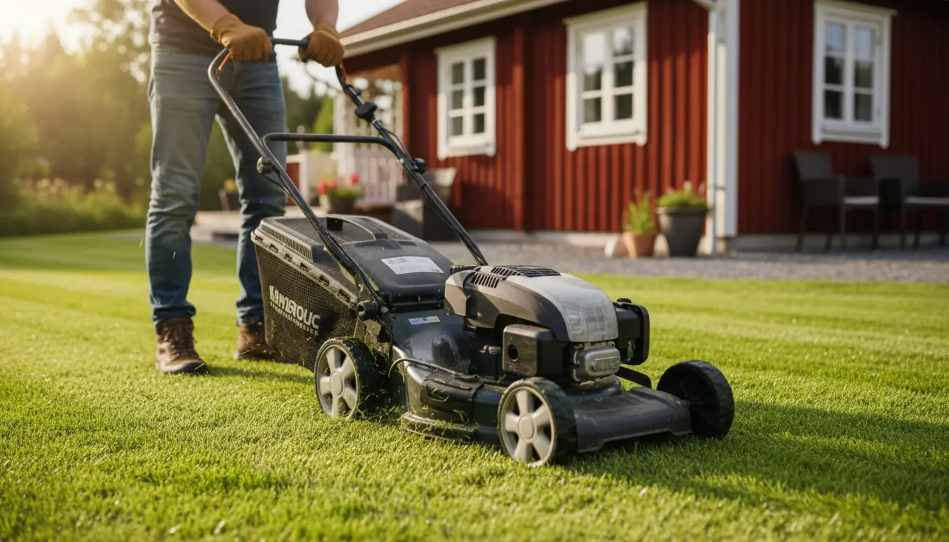 En græsslåmaskine klipper en velplejet plæne foran et hyggeligt sommerhus, set uden tydelige ansigter.