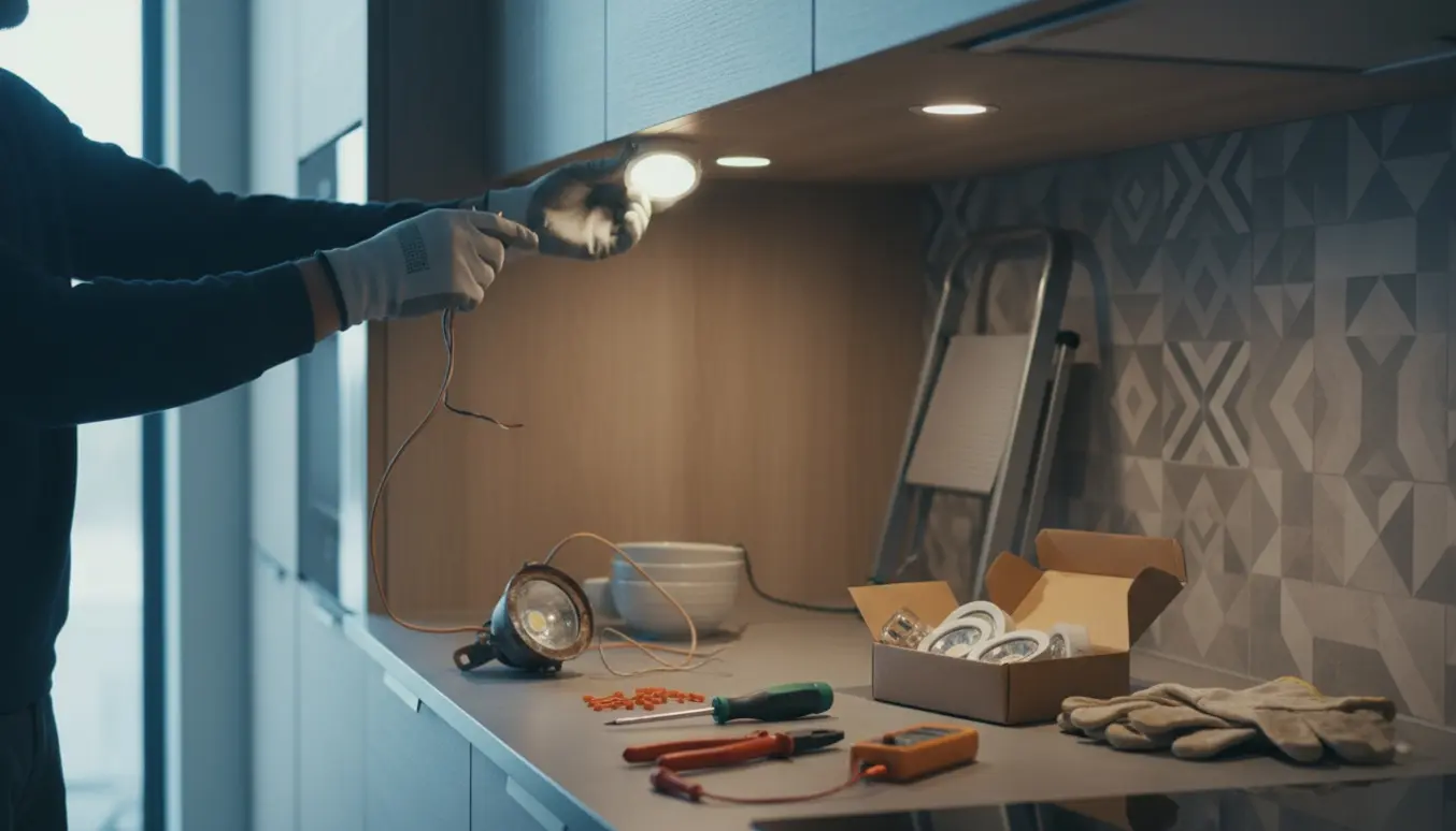 Nærbillede af en elektriker, der udskifter indbyggede spots under køkkenskabe med værktøj på bordet.