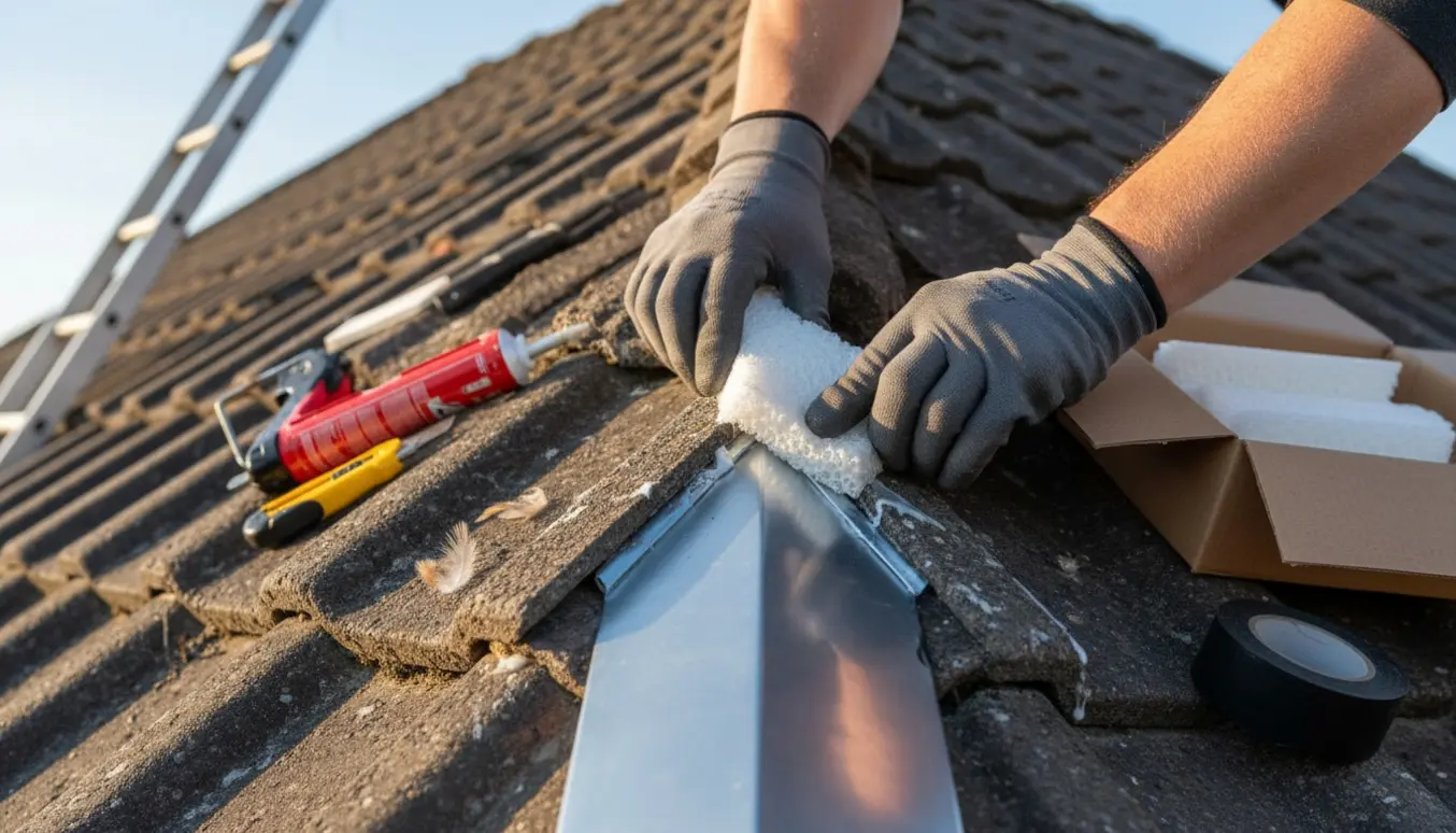 Hænder i handsker monterer en skumgummiliste i en skotrende på et skråt tag.