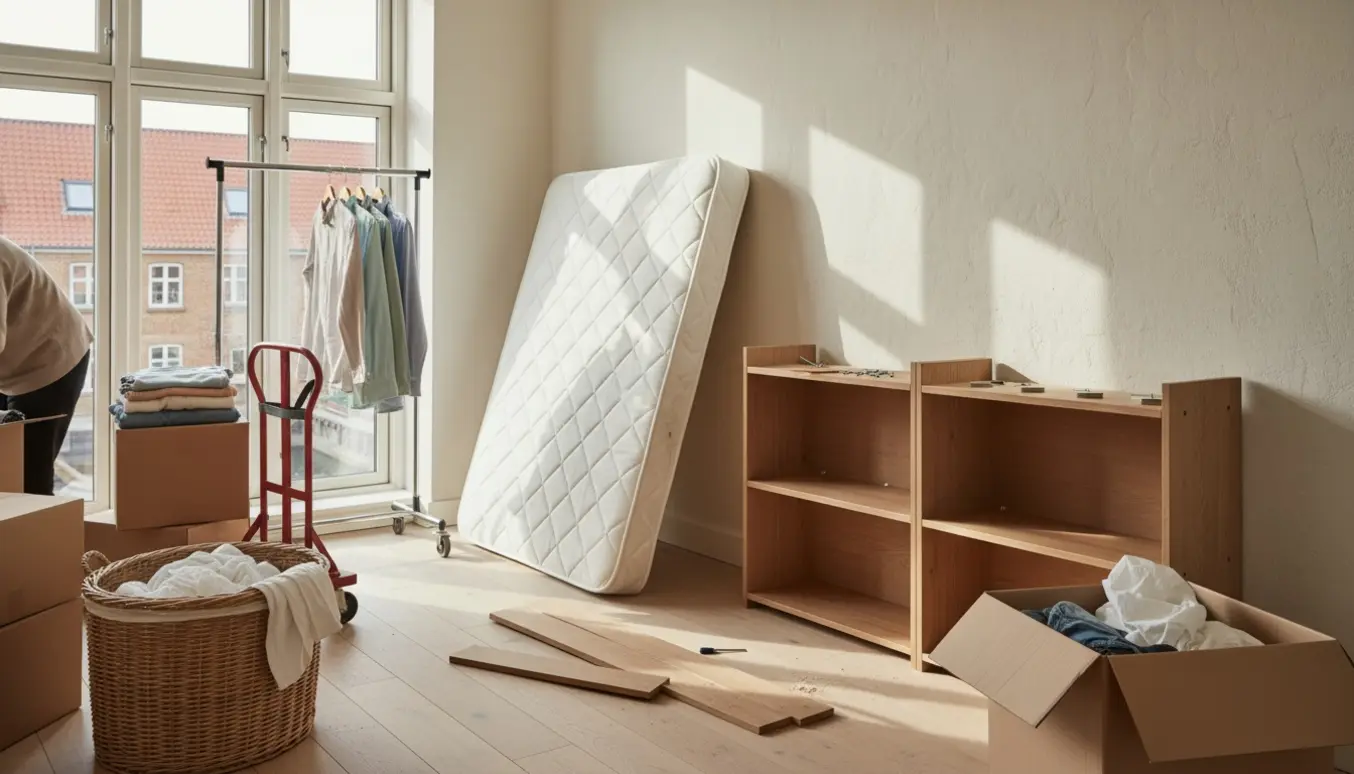 Solbelyst studielejlighed i København midt i flytningen med seng, madrasser, reol, flyttekasser og tøj.